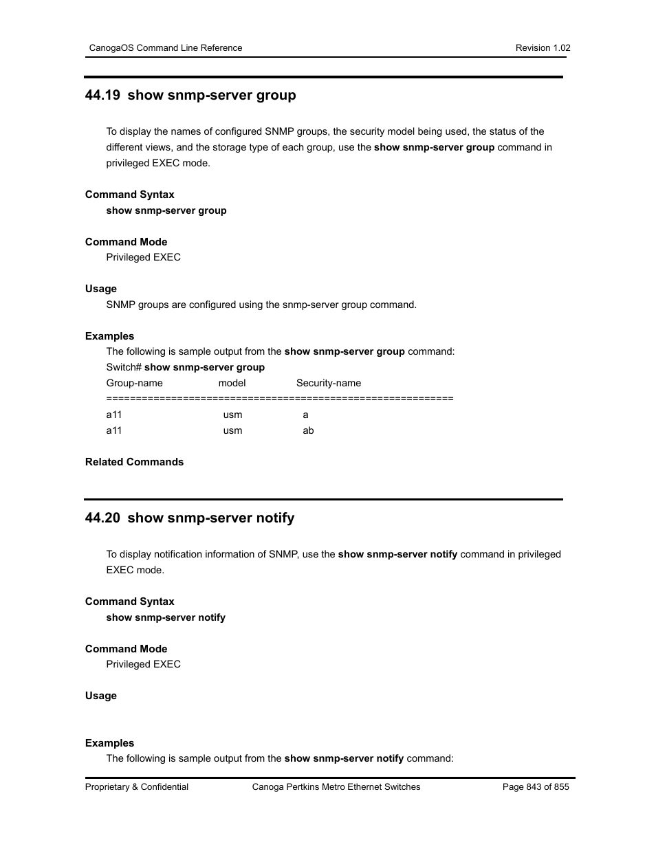 19 show snmp-server group, 20 show snmp-server notify | CANOGA PERKINS CanogaOS Command Reference User Manual | Page 843 / 855