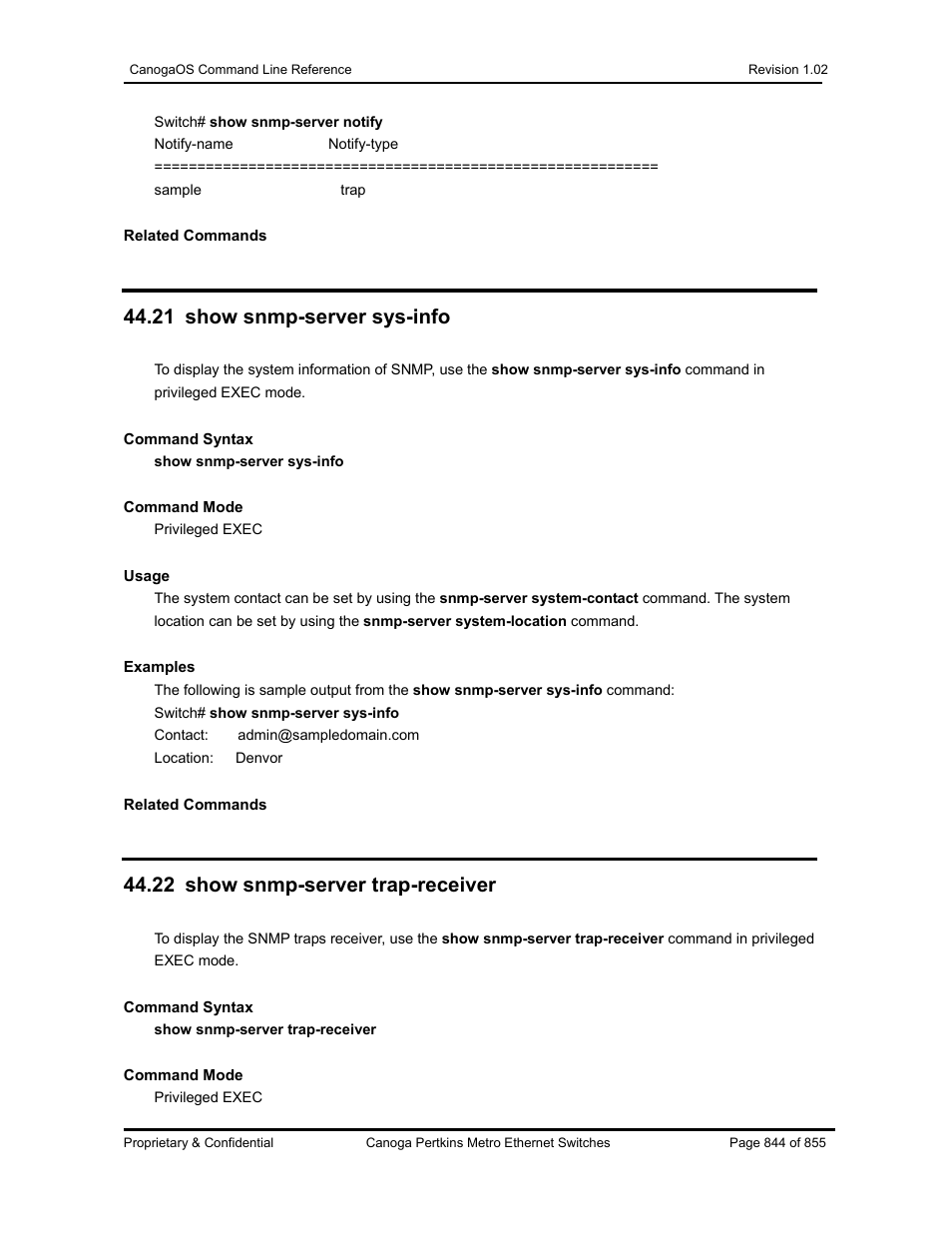 21 show snmp-server sys-info, 22 show snmp-server trap-receiver | CANOGA PERKINS CanogaOS Command Reference User Manual | Page 844 / 855