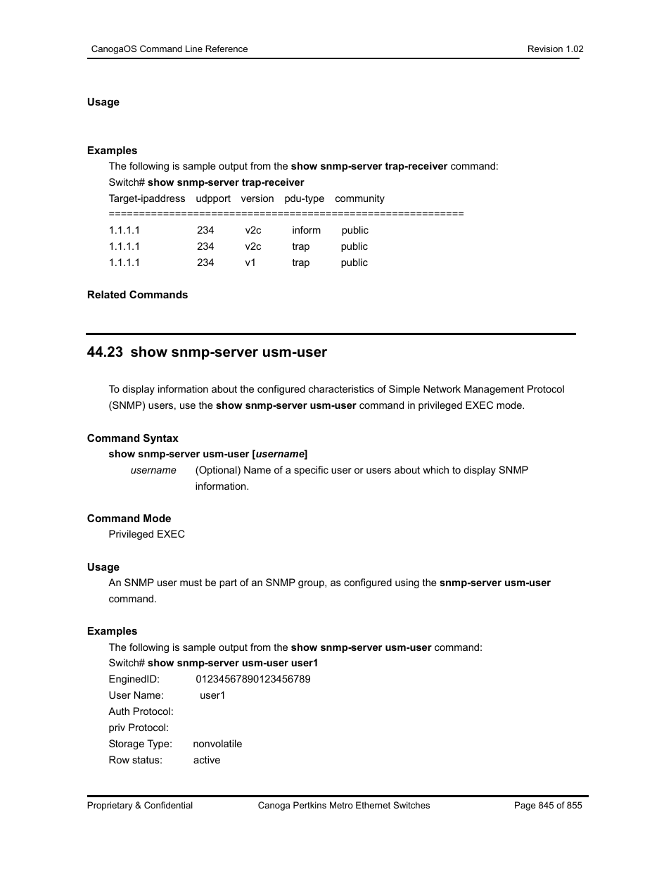 23 show snmp-server usm-user | CANOGA PERKINS CanogaOS Command Reference User Manual | Page 845 / 855