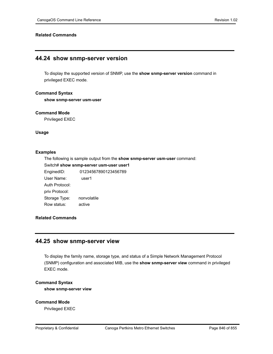 24 show snmp-server version, 25 show snmp-server view | CANOGA PERKINS CanogaOS Command Reference User Manual | Page 846 / 855