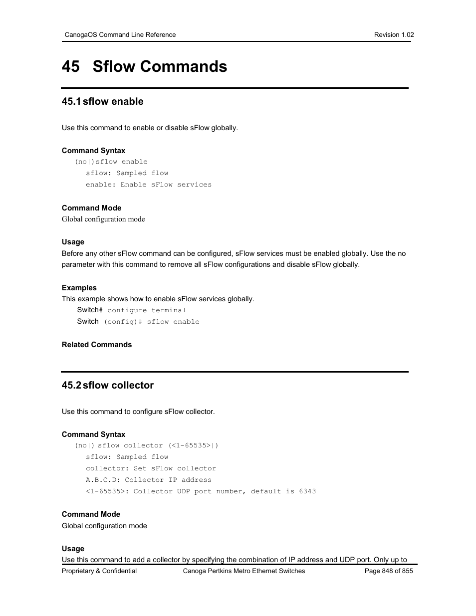 45 sflow commands, 1 sflow enable, 2 sflow collector | CANOGA PERKINS CanogaOS Command Reference User Manual | Page 848 / 855