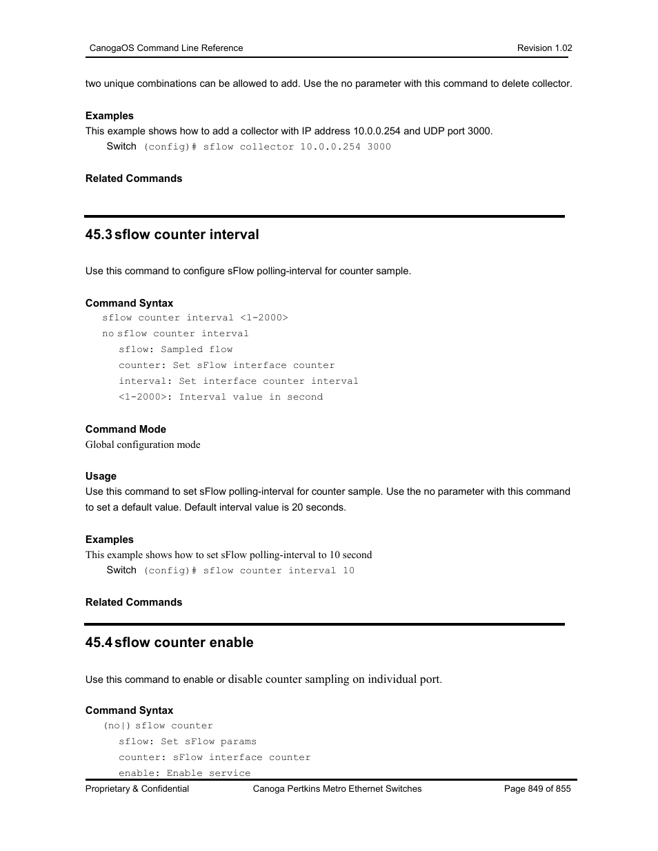 3 sflow counter interval, 4 sflow counter enable | CANOGA PERKINS CanogaOS Command Reference User Manual | Page 849 / 855
