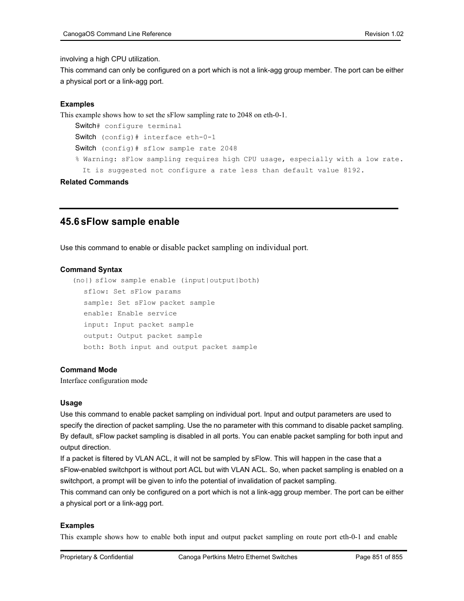 6 sflow sample enable | CANOGA PERKINS CanogaOS Command Reference User Manual | Page 851 / 855