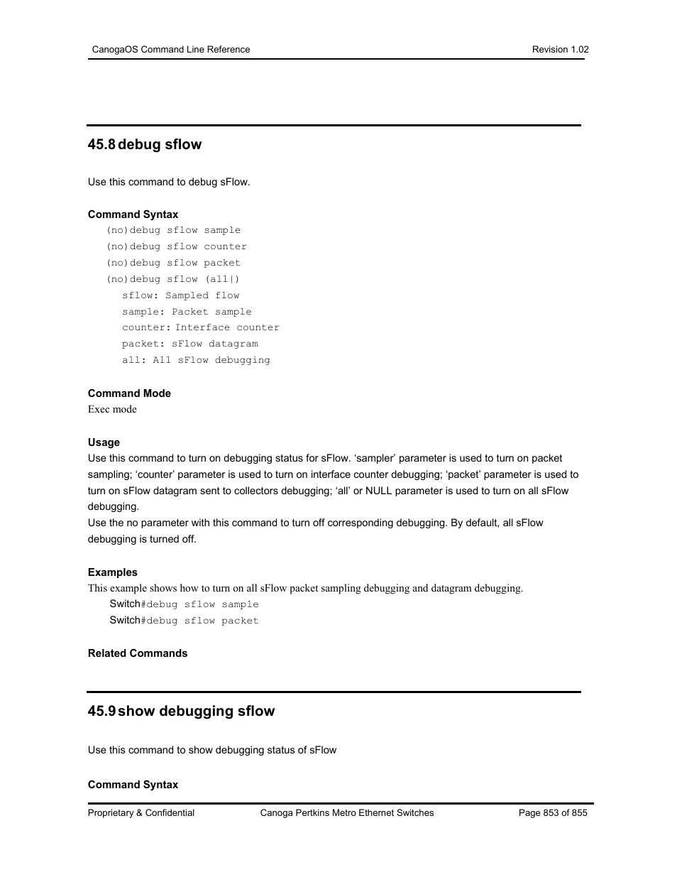 8 debug sflow, 9 show debugging sflow | CANOGA PERKINS CanogaOS Command Reference User Manual | Page 853 / 855