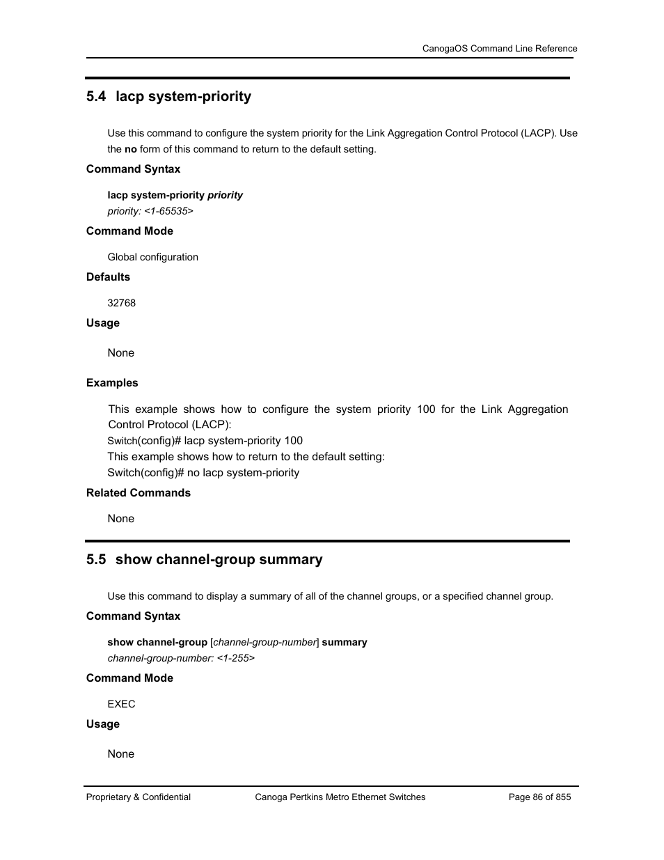 4 lacp system-priority, 5 show channel-group summary | CANOGA PERKINS CanogaOS Command Reference User Manual | Page 86 / 855
