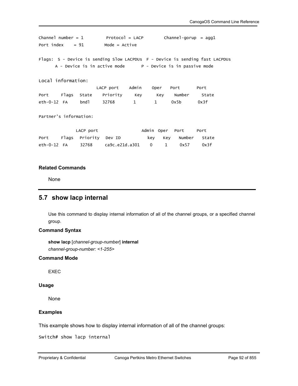 7 show lacp internal | CANOGA PERKINS CanogaOS Command Reference User Manual | Page 92 / 855