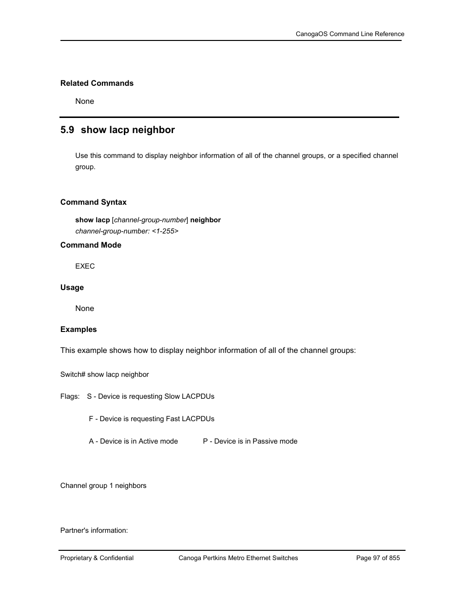 9 show lacp neighbor | CANOGA PERKINS CanogaOS Command Reference User Manual | Page 97 / 855