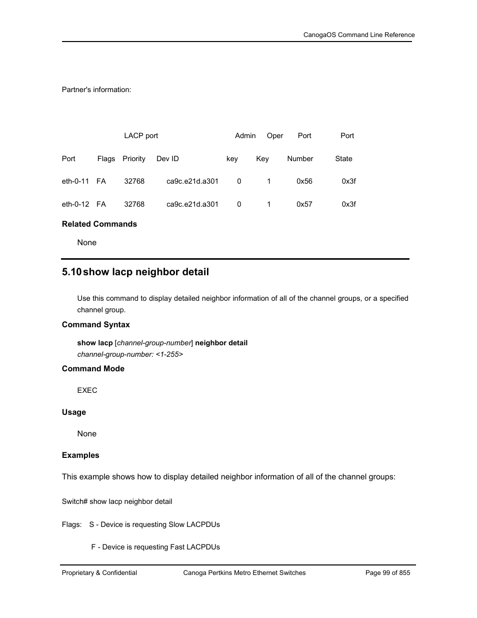 10 show lacp neighbor detail | CANOGA PERKINS CanogaOS Command Reference User Manual | Page 99 / 855