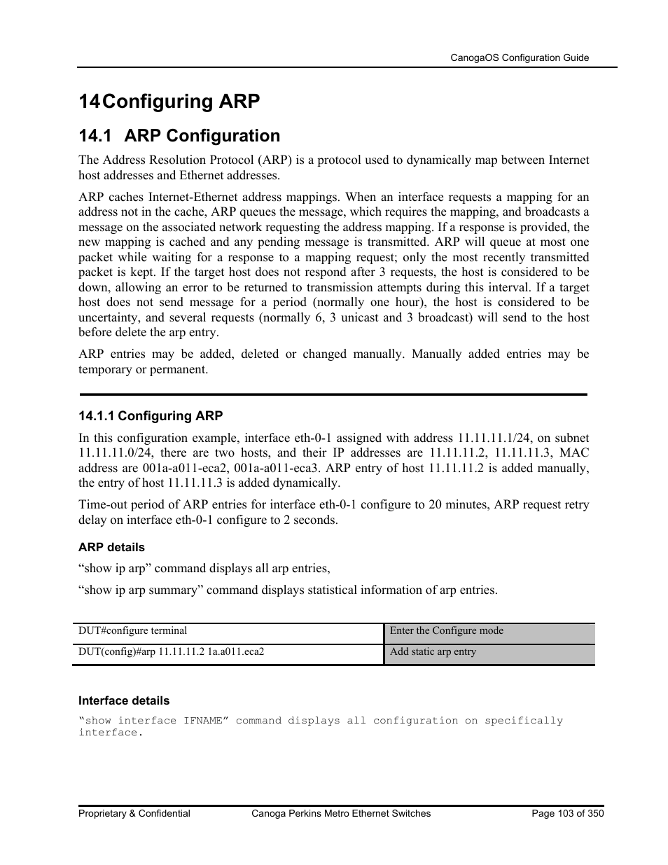 14 configuring arp, 1 arp configuration | CANOGA PERKINS CanogaOS Configuration Guide User Manual | Page 103 / 350