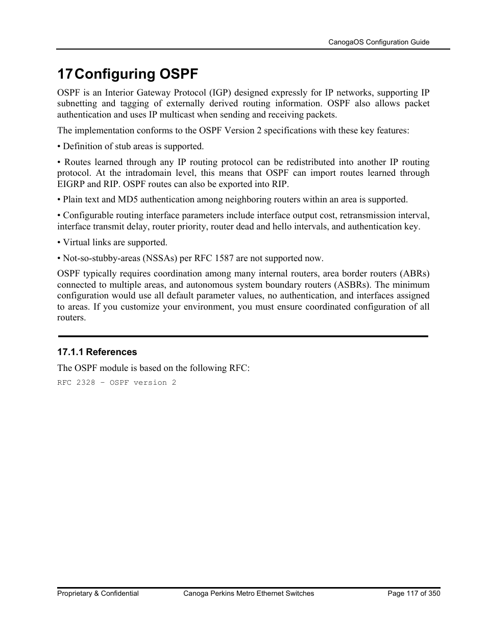 17 configuring ospf | CANOGA PERKINS CanogaOS Configuration Guide User Manual | Page 117 / 350