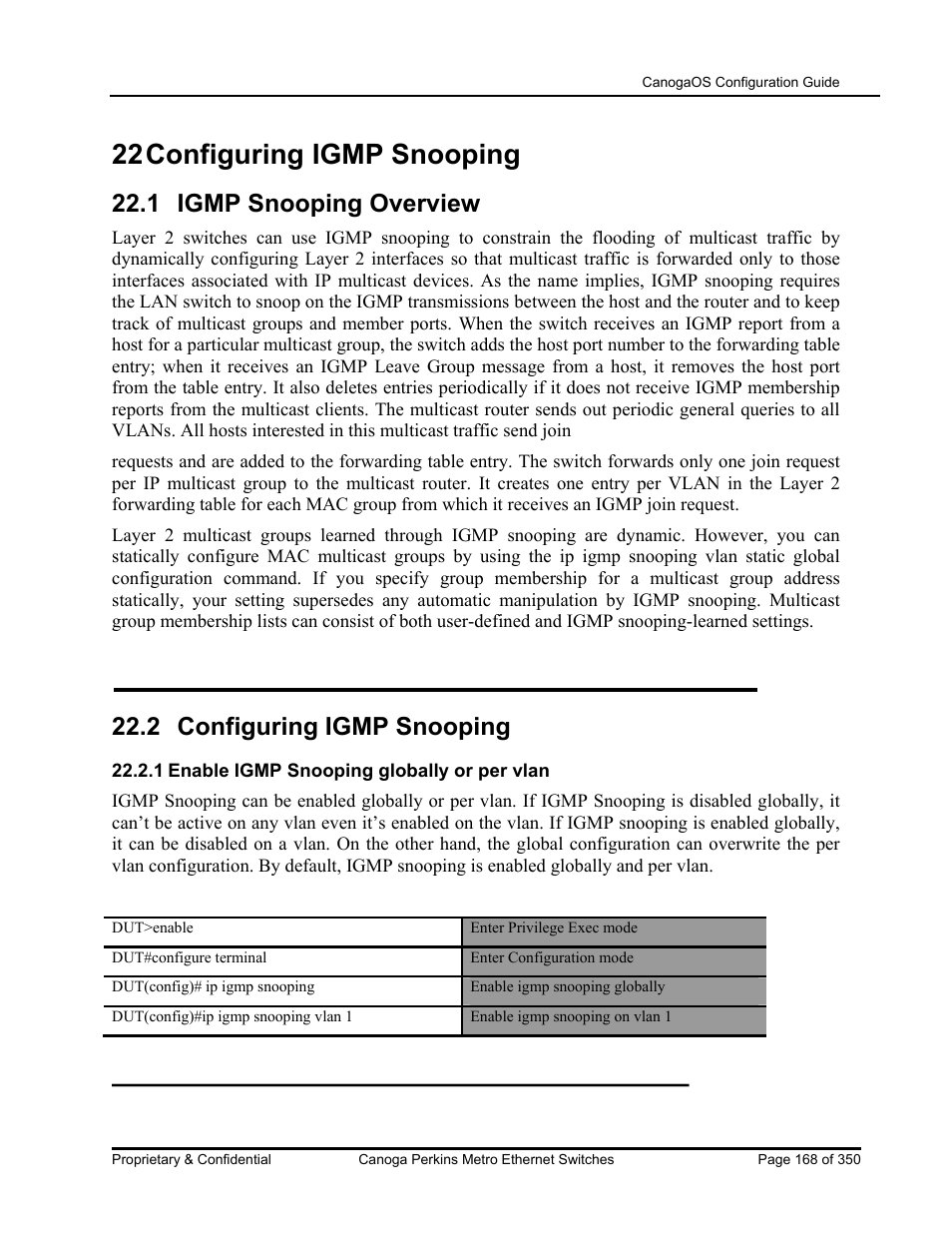 22 configuring igmp snooping, 1 igmp snooping overview, 2 configuring igmp snooping | CANOGA PERKINS CanogaOS Configuration Guide User Manual | Page 168 / 350