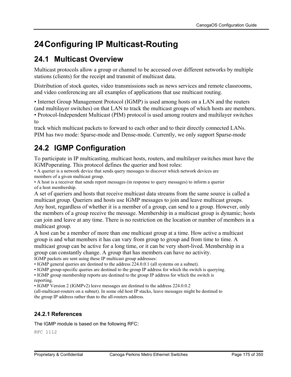 24 configuring ip multicast-routing, 1 multicast overview, 2 igmp configuration | CANOGA PERKINS CanogaOS Configuration Guide User Manual | Page 175 / 350