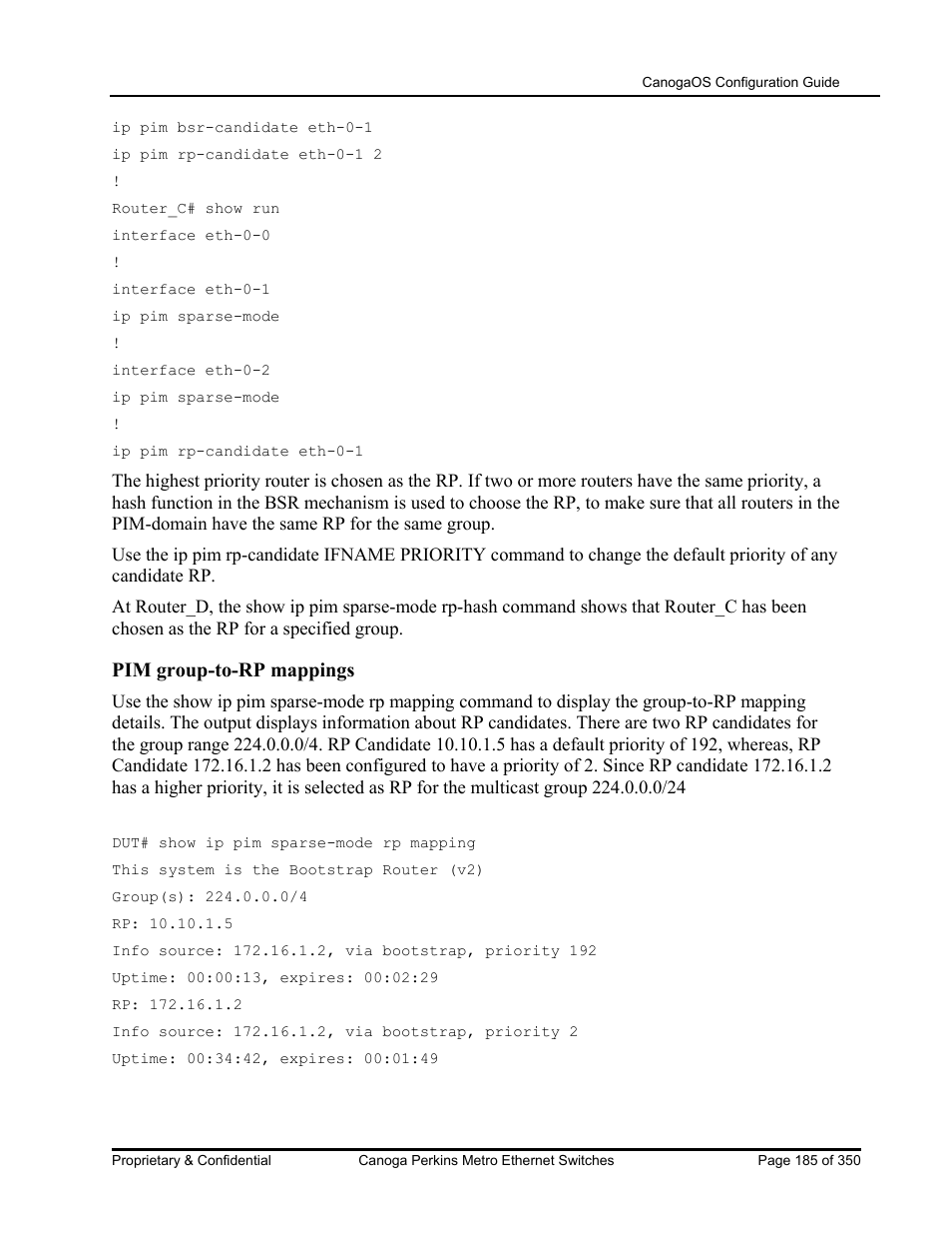 Pim group-to-rp mappings | CANOGA PERKINS CanogaOS Configuration Guide User Manual | Page 185 / 350