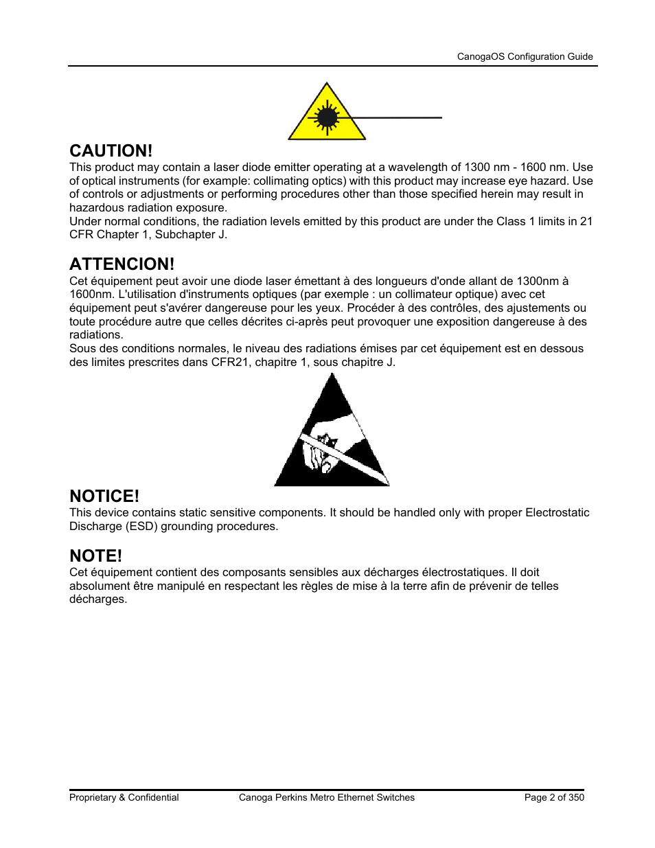 Caution, Attencion, Notice | CANOGA PERKINS CanogaOS Configuration Guide User Manual | Page 2 / 350