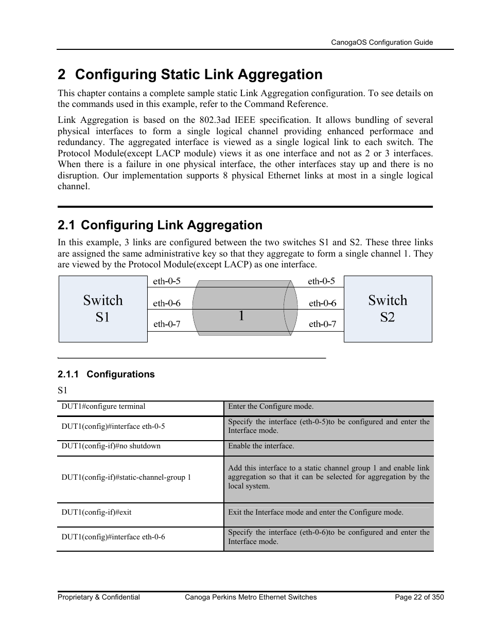 2 configuring static link aggregation, 1 configuring link aggregation | CANOGA PERKINS CanogaOS Configuration Guide User Manual | Page 22 / 350