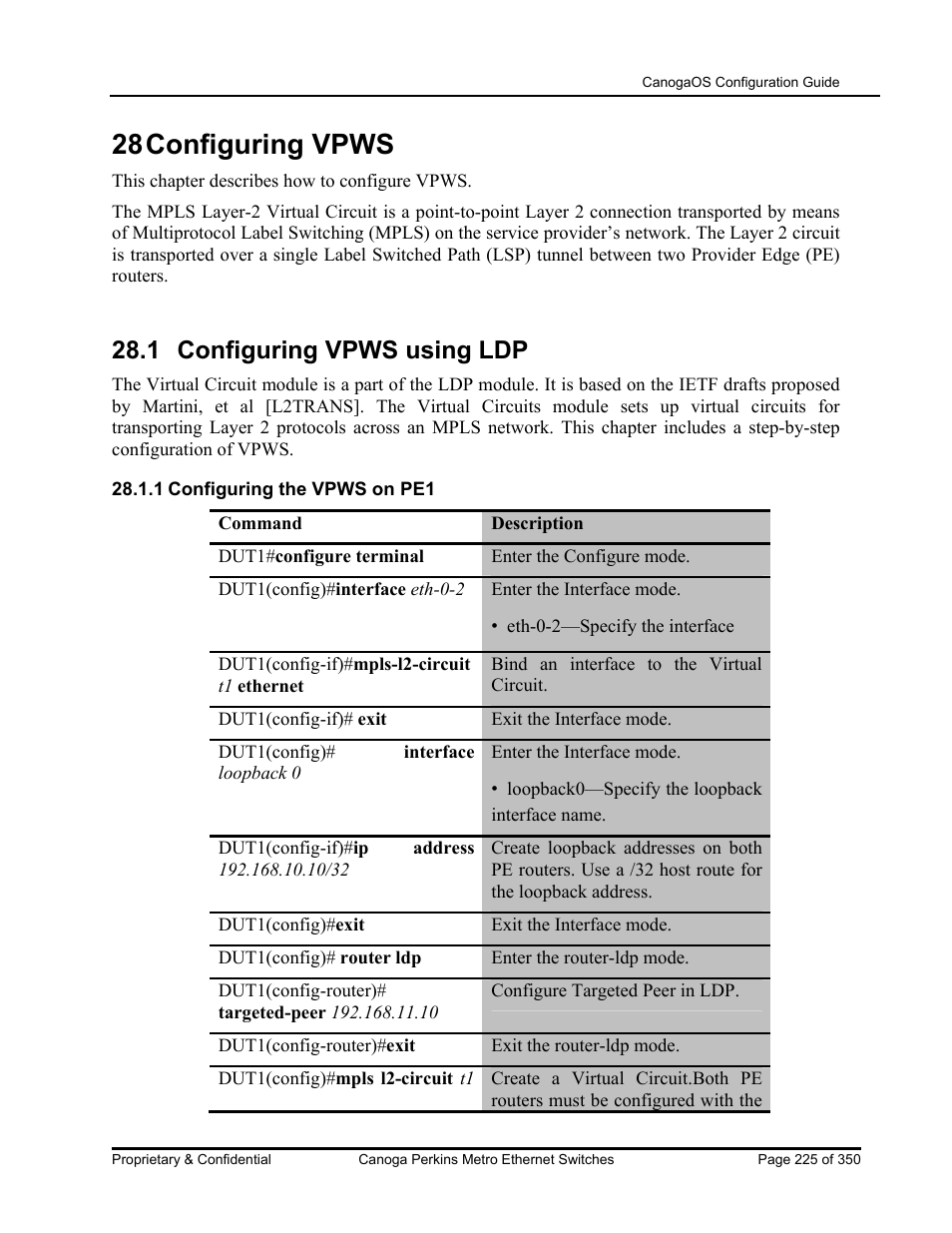 28 configuring vpws, 1 configuring vpws using ldp | CANOGA PERKINS CanogaOS Configuration Guide User Manual | Page 225 / 350