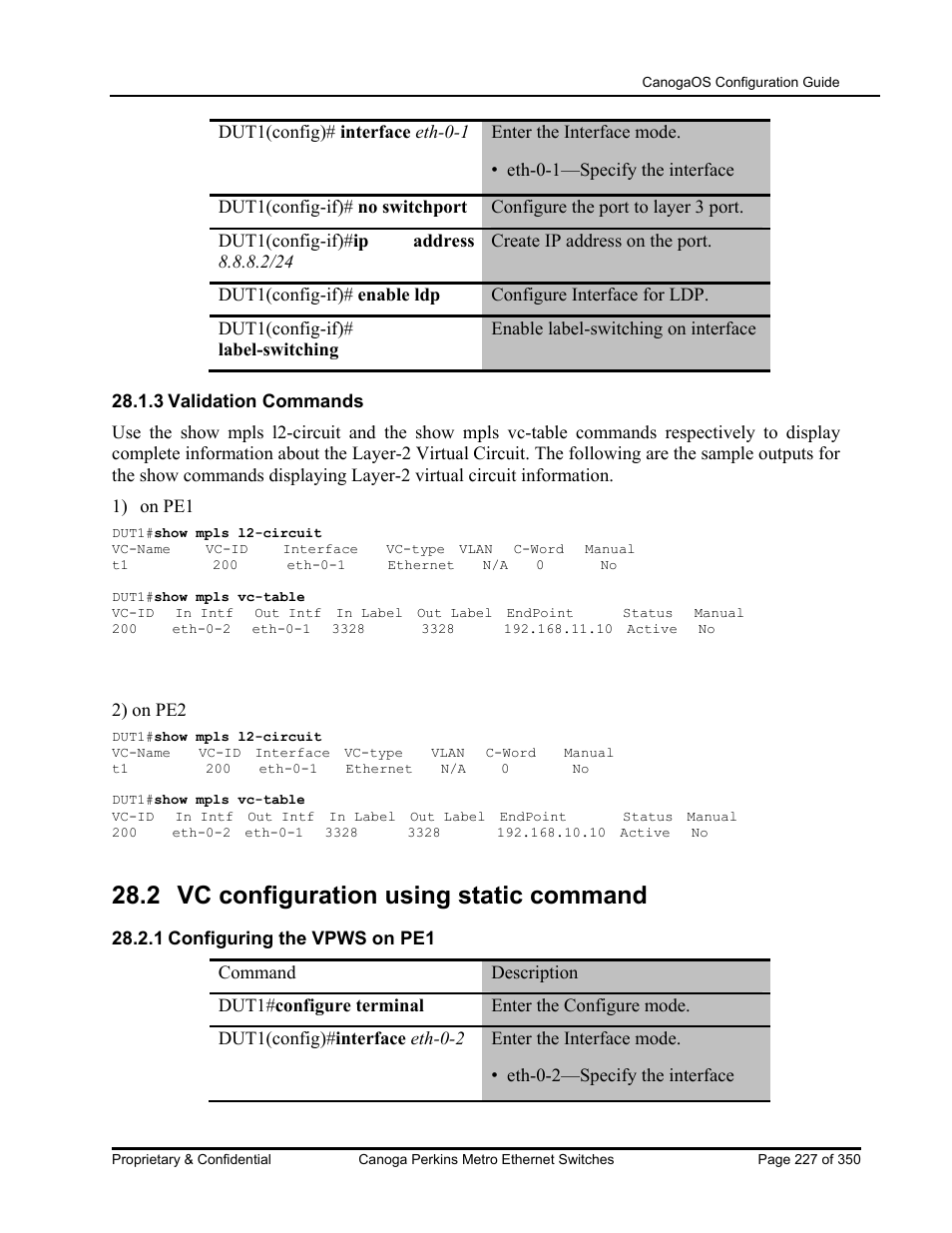 2 vc configuration using static command | CANOGA PERKINS CanogaOS Configuration Guide User Manual | Page 227 / 350