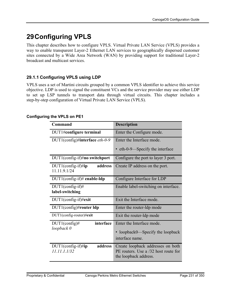 29 configuring vpls | CANOGA PERKINS CanogaOS Configuration Guide User Manual | Page 231 / 350