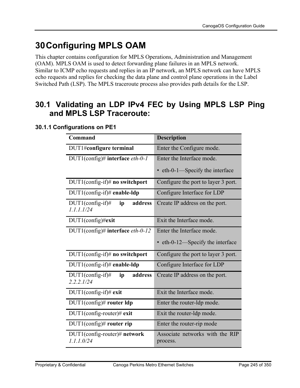 30 configuring mpls oam | CANOGA PERKINS CanogaOS Configuration Guide User Manual | Page 245 / 350