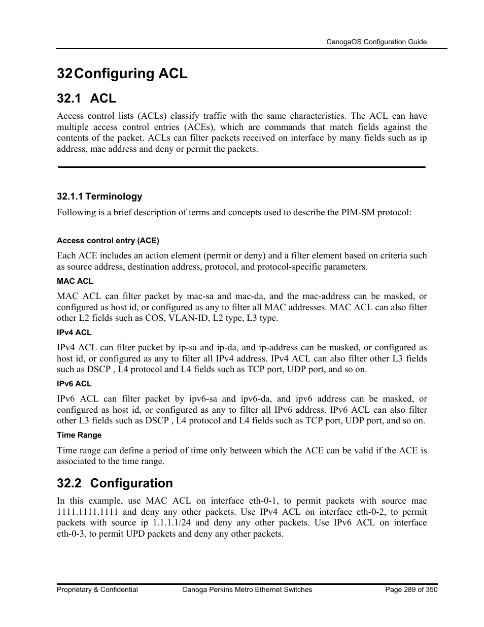 32 configuring acl, 1 acl, 2 configuration | CANOGA PERKINS CanogaOS Configuration Guide User Manual | Page 289 / 350