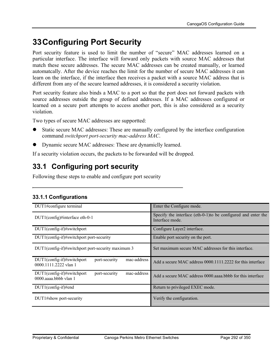 33 configuring port security, 1 configuring port security | CANOGA PERKINS CanogaOS Configuration Guide User Manual | Page 292 / 350