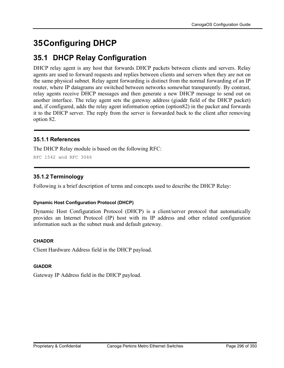 35 configuring dhcp, 1 dhcp relay configuration | CANOGA PERKINS CanogaOS Configuration Guide User Manual | Page 296 / 350