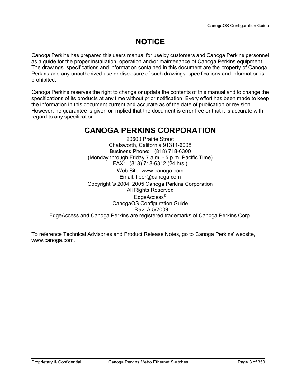 Notice, Canoga perkins corporation | CANOGA PERKINS CanogaOS Configuration Guide User Manual | Page 3 / 350