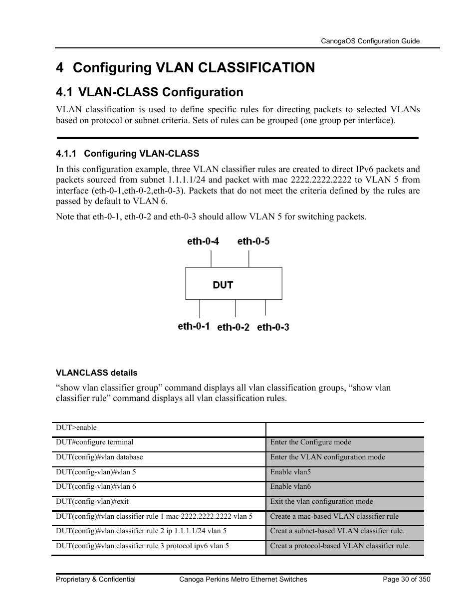 4 configuring vlan classification, 1 vlan-class configuration | CANOGA PERKINS CanogaOS Configuration Guide User Manual | Page 30 / 350