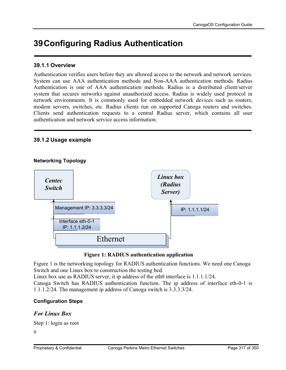 39 configuring radius authentication, Ethernet | CANOGA PERKINS CanogaOS Configuration Guide User Manual | Page 317 / 350