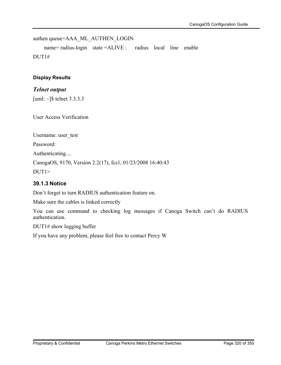 Telnet output | CANOGA PERKINS CanogaOS Configuration Guide User Manual | Page 320 / 350