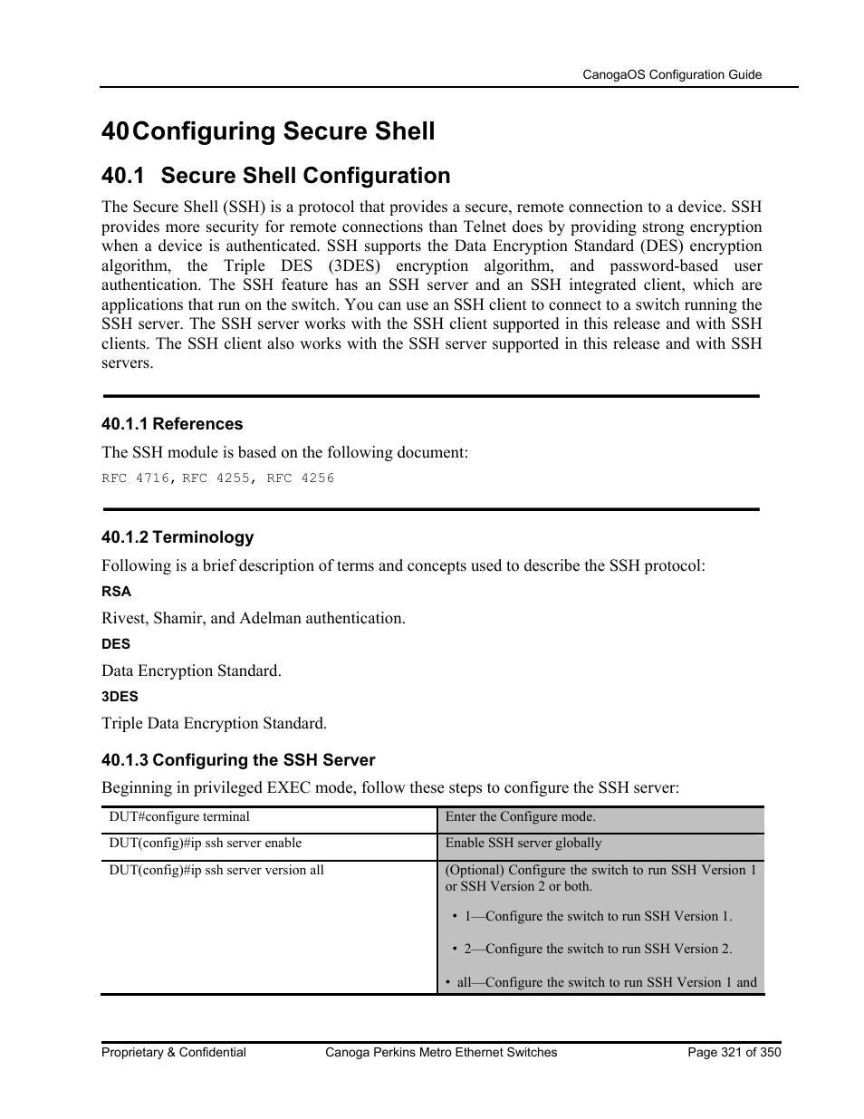 40 configuring secure shell, 1 secure shell configuration | CANOGA PERKINS CanogaOS Configuration Guide User Manual | Page 321 / 350