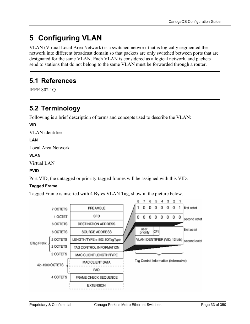 5 configuring vlan, 1 references, 2 terminology | CANOGA PERKINS CanogaOS Configuration Guide User Manual | Page 33 / 350