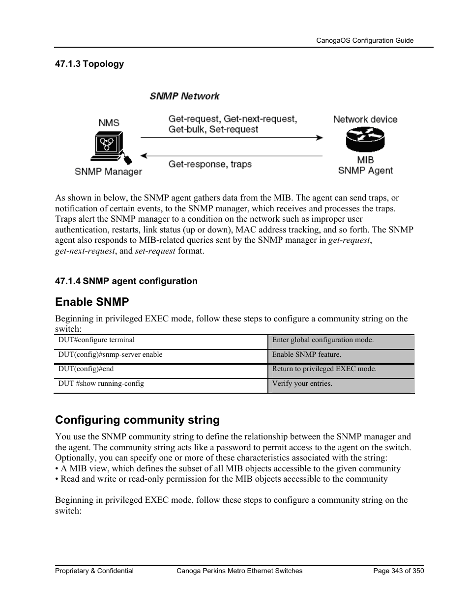 Enable snmp, Configuring community string | CANOGA PERKINS CanogaOS Configuration Guide User Manual | Page 343 / 350