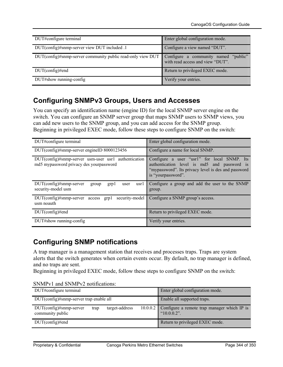 Configuring snmpv3 groups, users and accesses, Configuring snmp notifications | CANOGA PERKINS CanogaOS Configuration Guide User Manual | Page 344 / 350