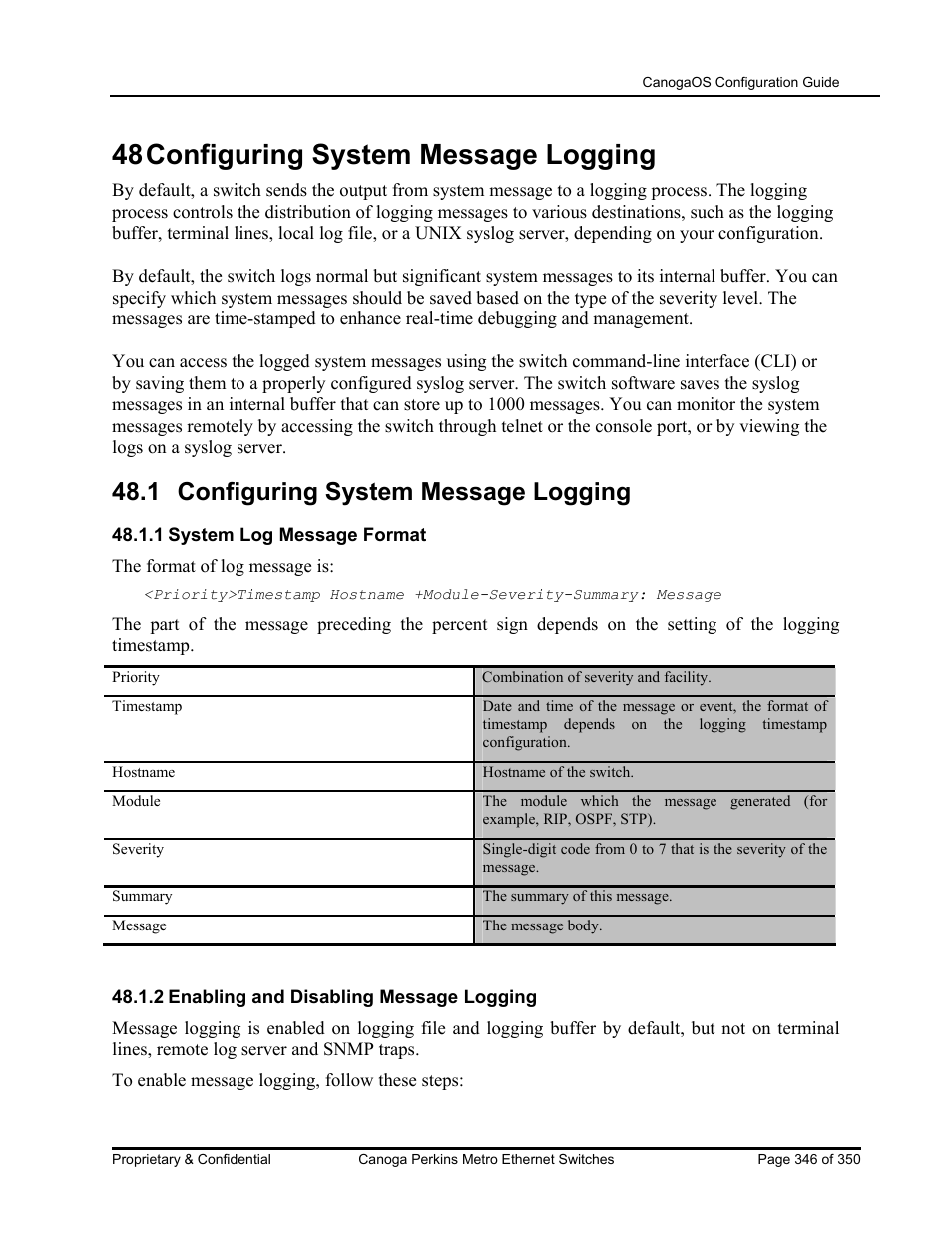 48 configuring system message logging, 1 configuring system message logging | CANOGA PERKINS CanogaOS Configuration Guide User Manual | Page 346 / 350