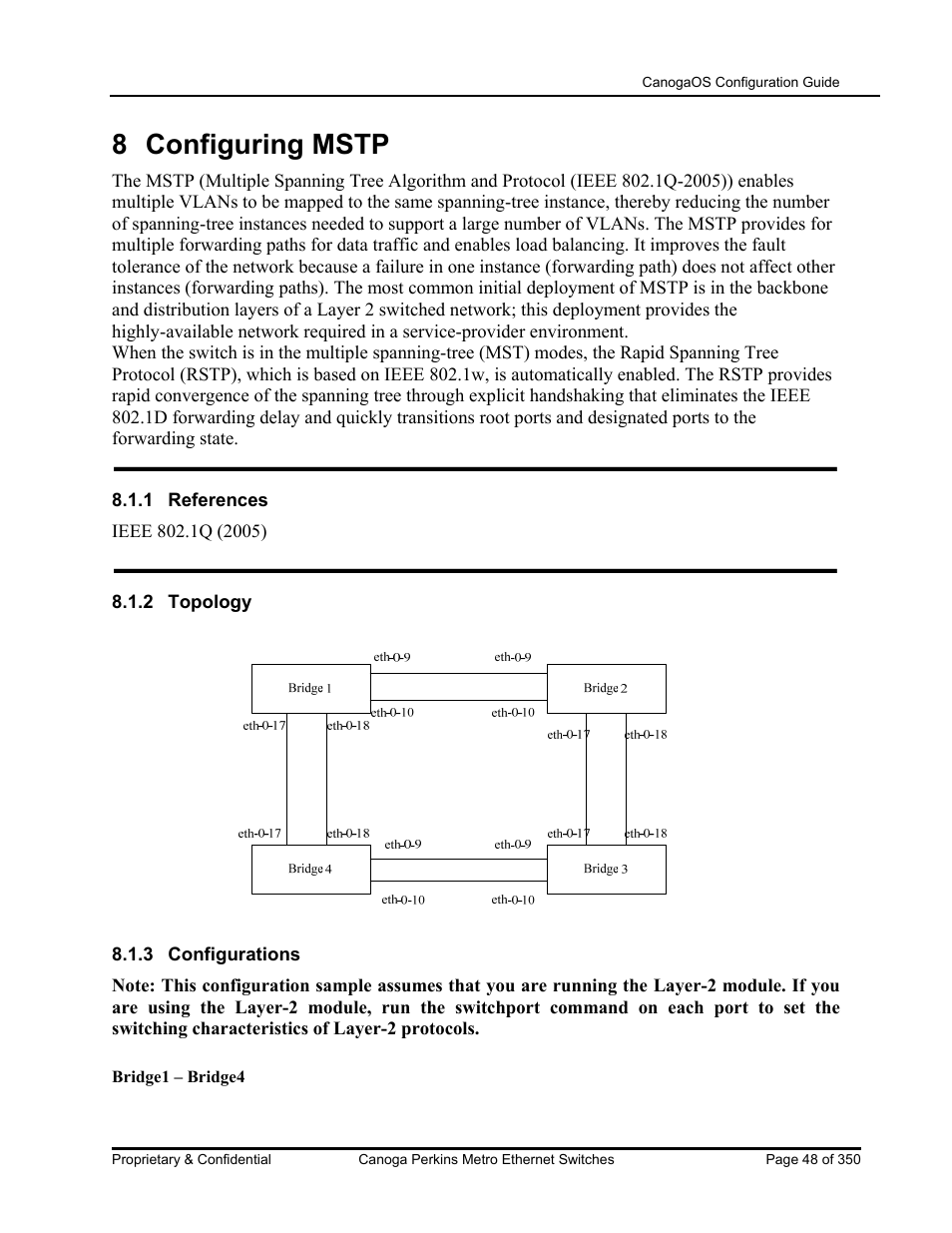 8 configuring mstp | CANOGA PERKINS CanogaOS Configuration Guide User Manual | Page 48 / 350