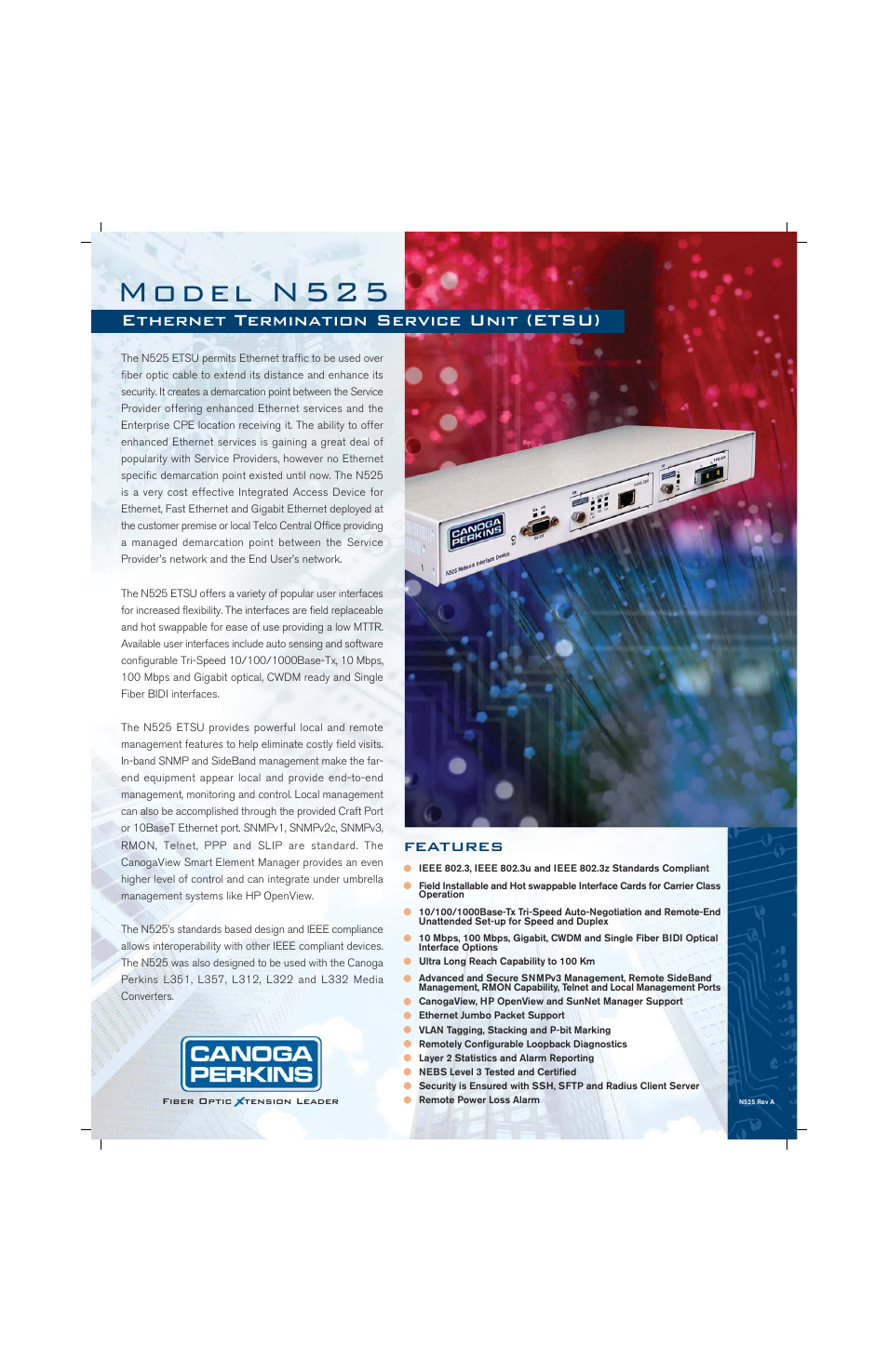 CANOGA PERKINS N525 Ethernet Termination Service Unit User Manual | 2 pages