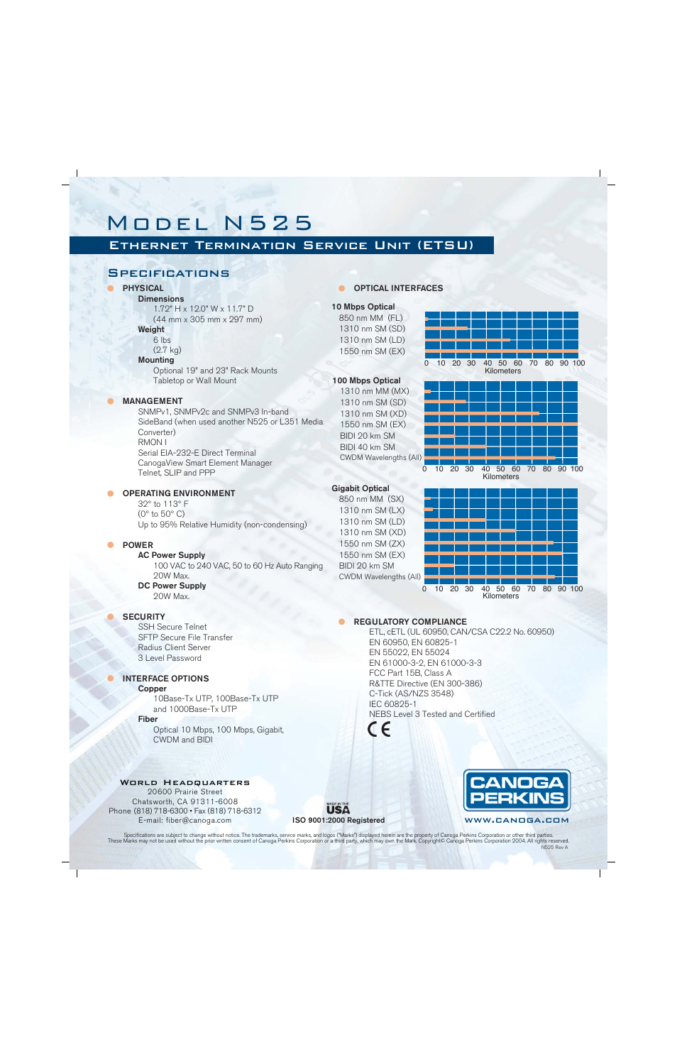 Specifications, Ethernet termination service unit (etsu) | CANOGA PERKINS N525 Ethernet Termination Service Unit User Manual | Page 2 / 2