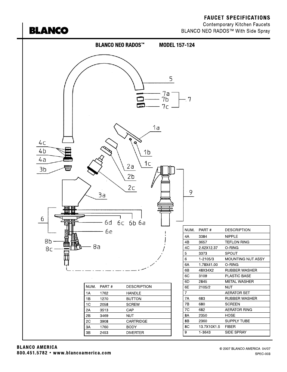 Faucet specifications | Blanco 157-124 User Manual | Page 2 / 2