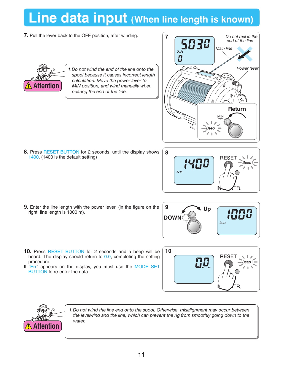 Line data input, When line length is known), Attention | Daiwa MARINEPOWER-3000 User Manual | Page 13 / 26