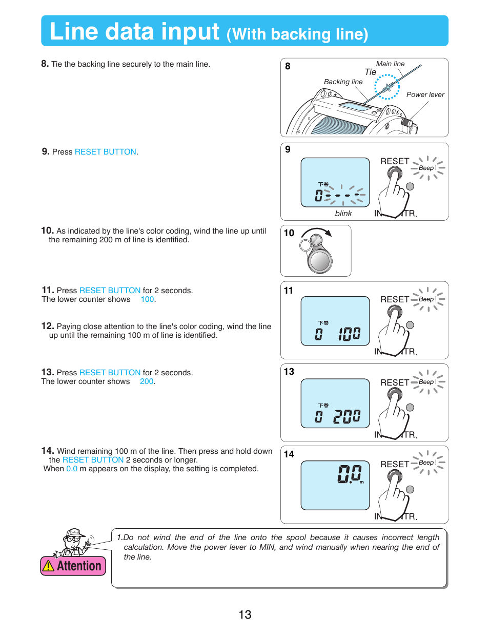 Line data input, With backing line), Attention | Daiwa MARINEPOWER-3000 User Manual | Page 15 / 26
