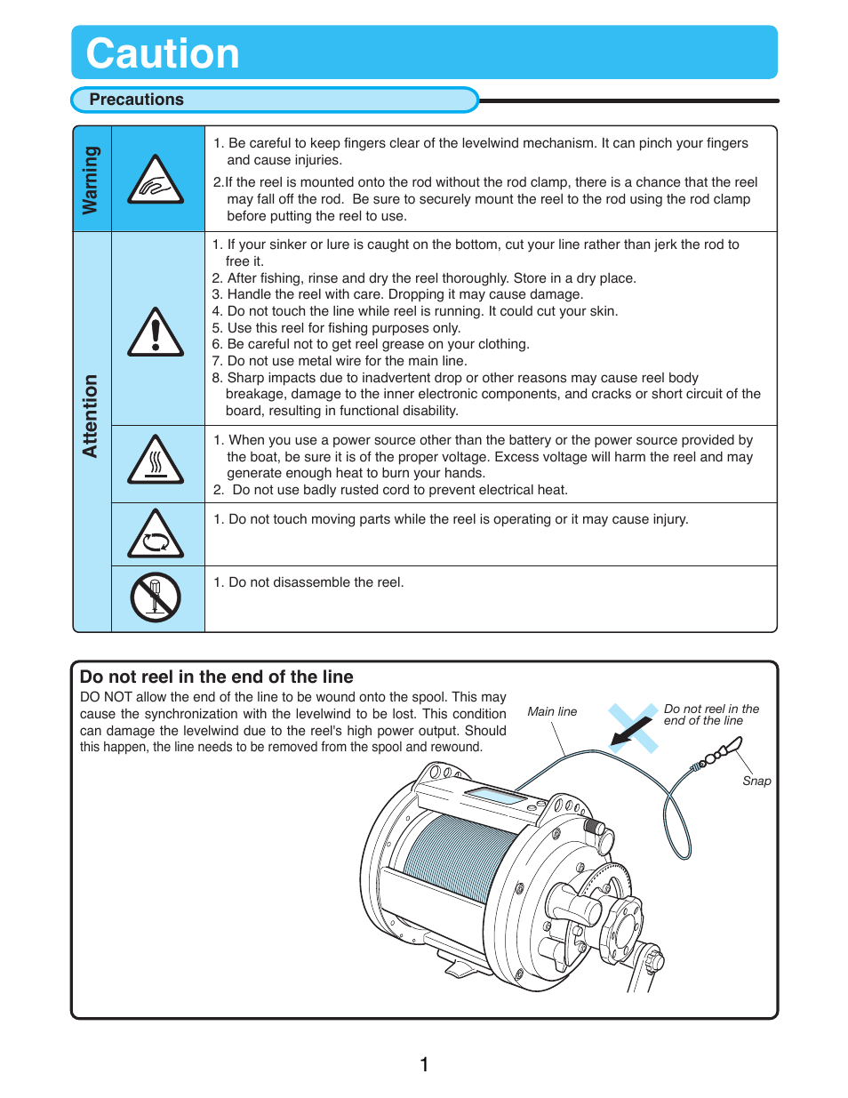 Caution, Warning attention | Daiwa MARINEPOWER-3000 User Manual | Page 3 / 26