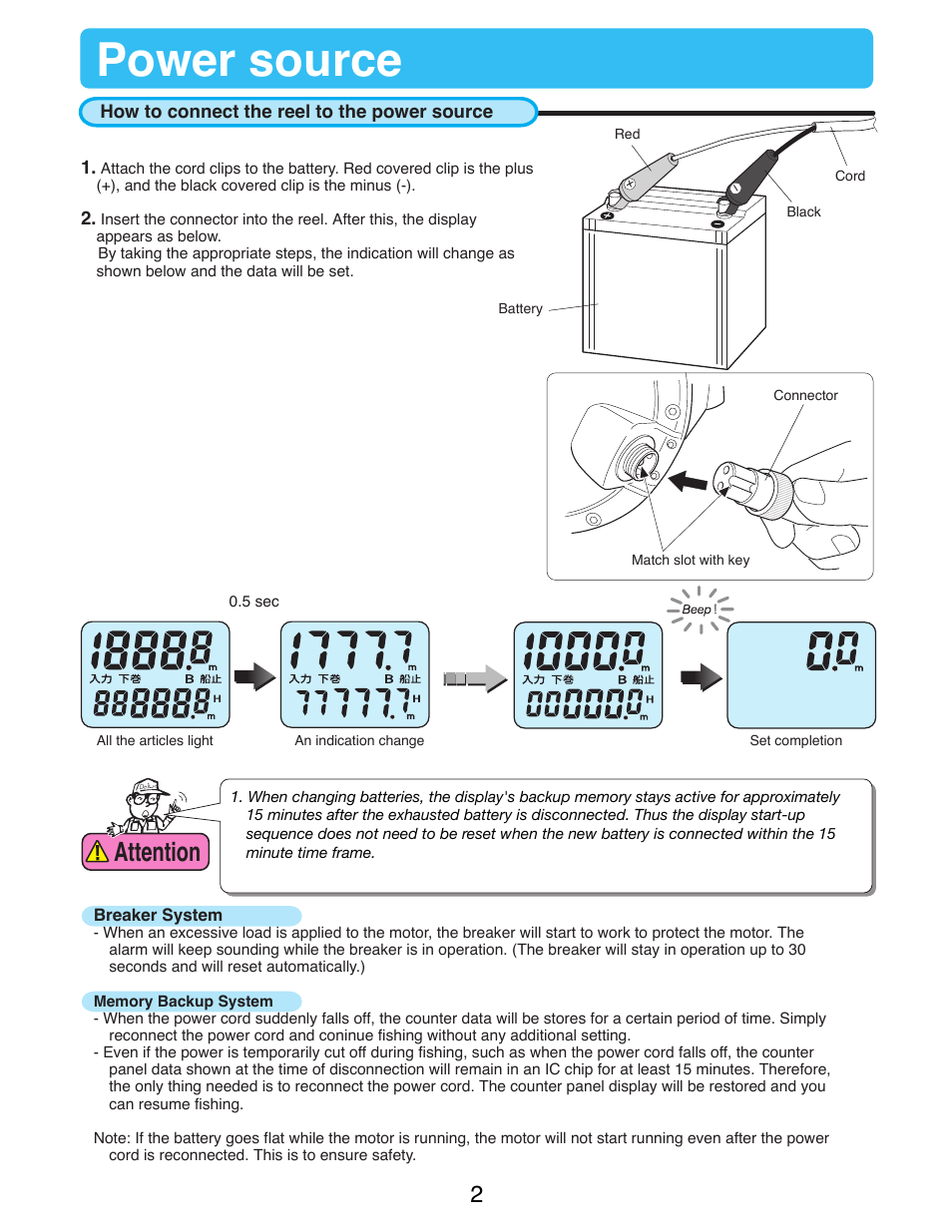 Power source, Attention | Daiwa MARINEPOWER-3000 User Manual | Page 4 / 26