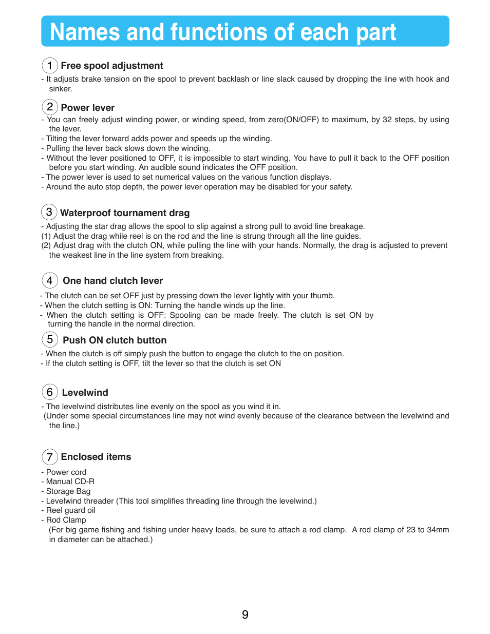 Names and functions of each part | Daiwa SEABORG-1000MT User Manual | Page 11 / 40