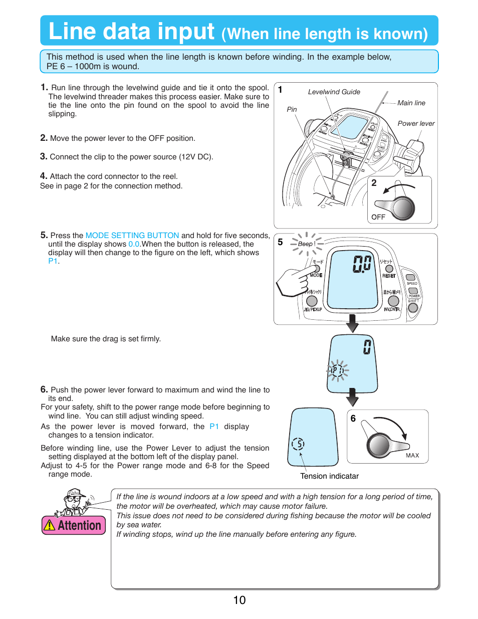 Line data input, When line length is known), Attention | Daiwa SEABORG-1000MT User Manual | Page 12 / 40