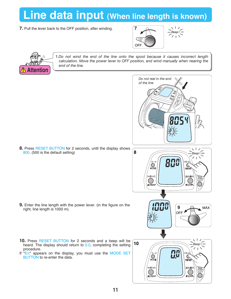 Line data input, When line length is known), Attention | Daiwa SEABORG-1000MT User Manual | Page 13 / 40