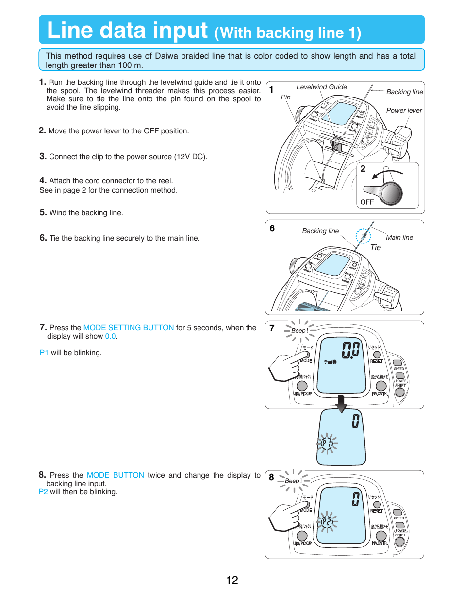 Line data input, With backing line 1) | Daiwa SEABORG-1000MT User Manual | Page 14 / 40
