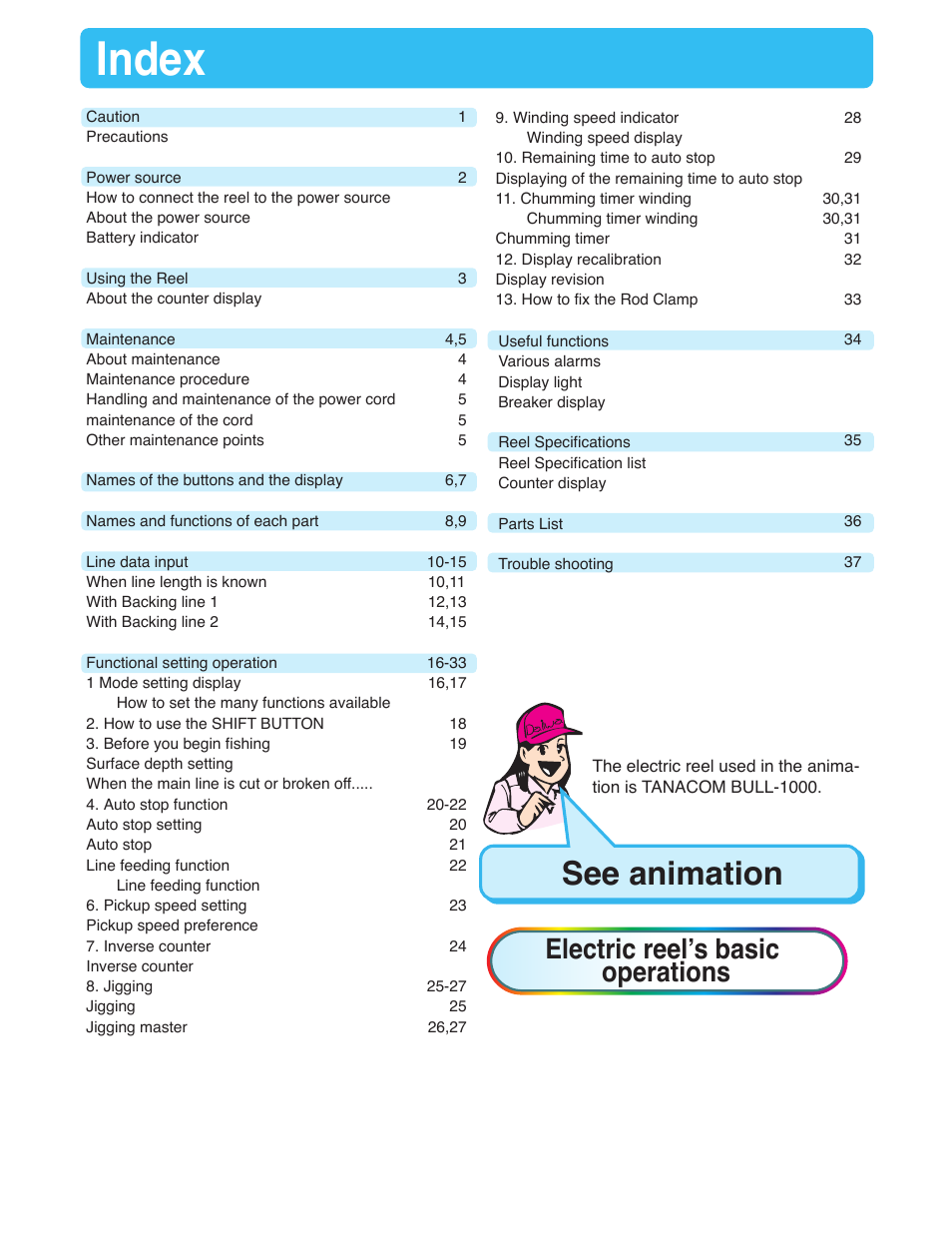 Index, See animation, Electric reelʼs basic operations | Daiwa SEABORG-1000MT User Manual | Page 2 / 40