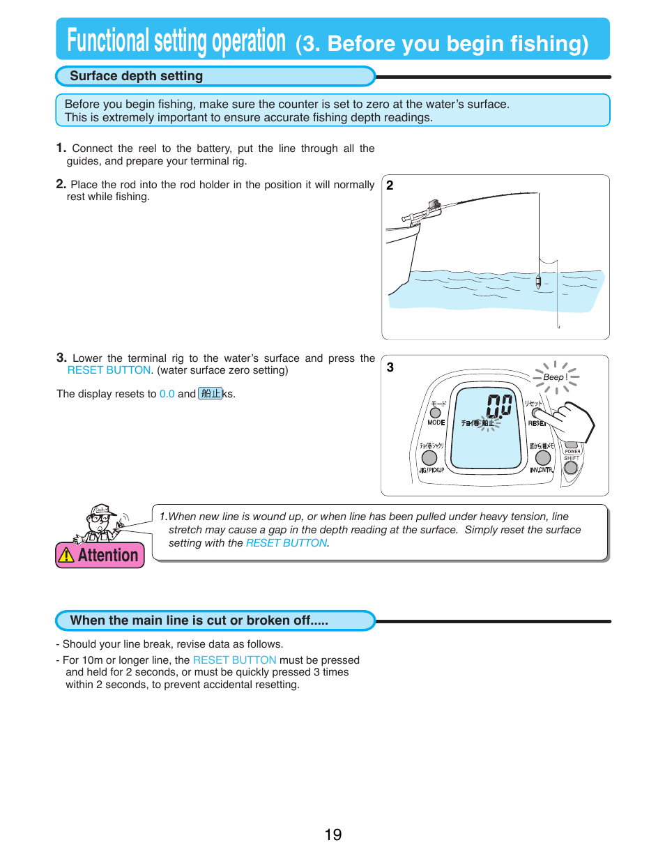 Functional setting operation, Before you begin fishing), Attention | Daiwa SEABORG-1000MT User Manual | Page 21 / 40