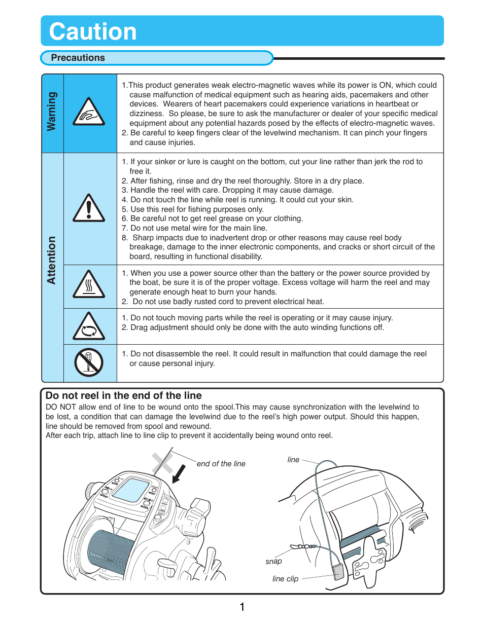 Caution, Warning attention, Do not reel in the end of the line | Daiwa SEABORG-1000MT User Manual | Page 3 / 40